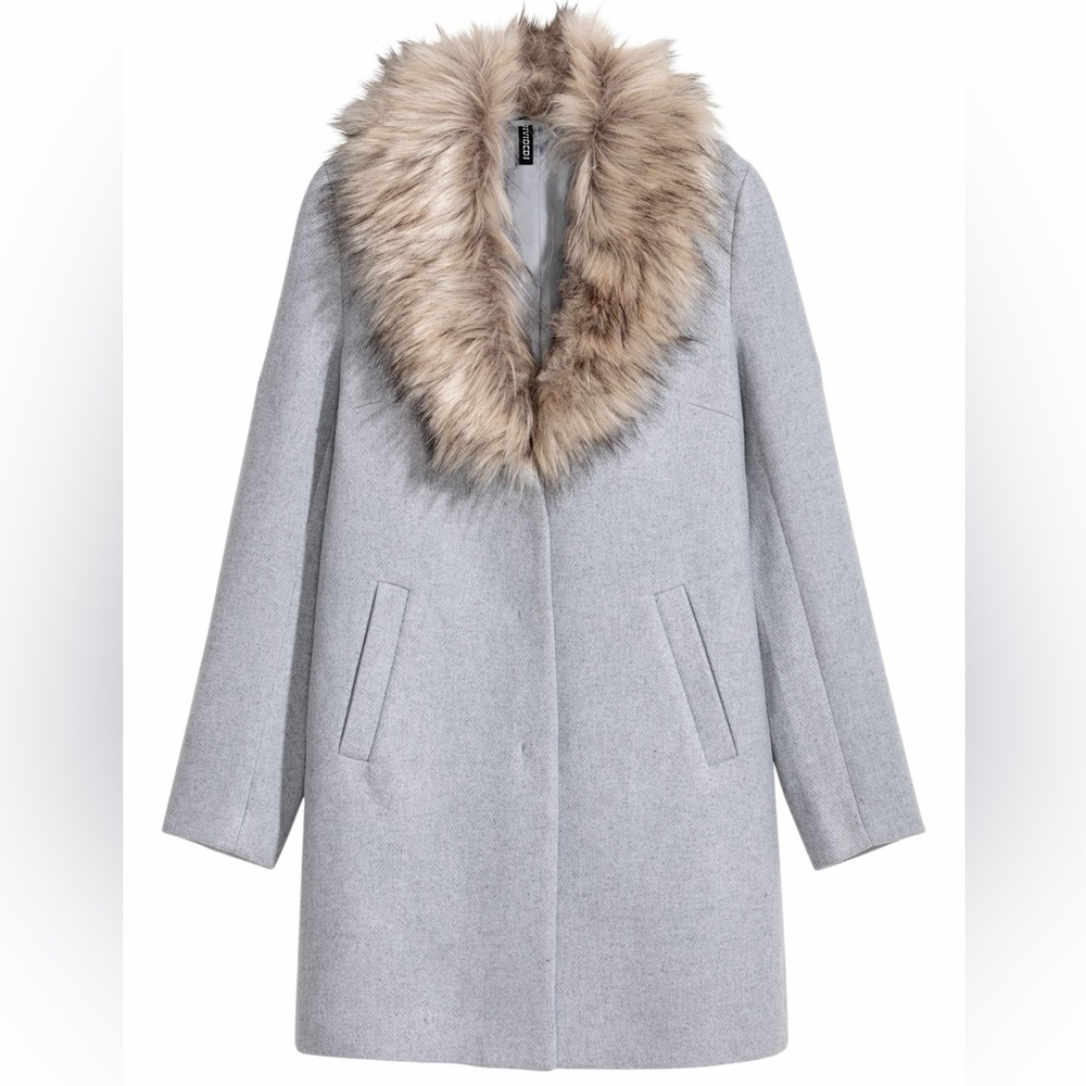 H&M Black Wool Blend Coat With Faux Fur Collar Size 6 - Picture 3 of 7